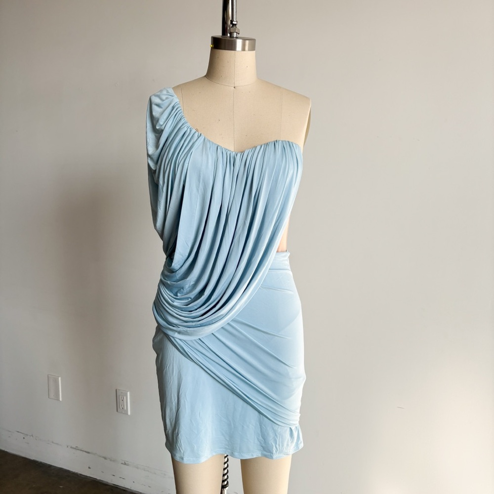 BCBGMaxAzria Light Blue One-Shoulder Draped Mini Dress
